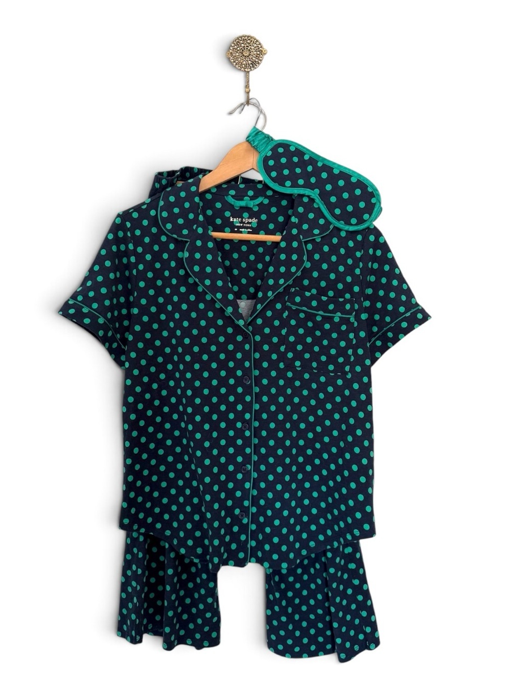 Kate Spade Navy Polka Dot Pajama Set with Eye Mask M NWOT